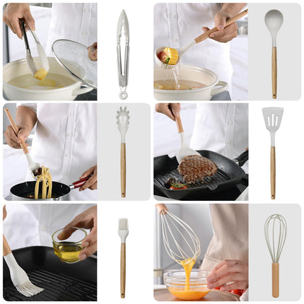 Kitchen Utensil Set - Silicone Spatula Set - Cooking Utensils with Holder - Wooden Spoons - Non-Stick - Pan Scrapers - Heat Resistant - Whisk - Serving Tongs - Baking Utensils - Kitchen Starter Kit - Scratch-Free - White - 12 Pieces.