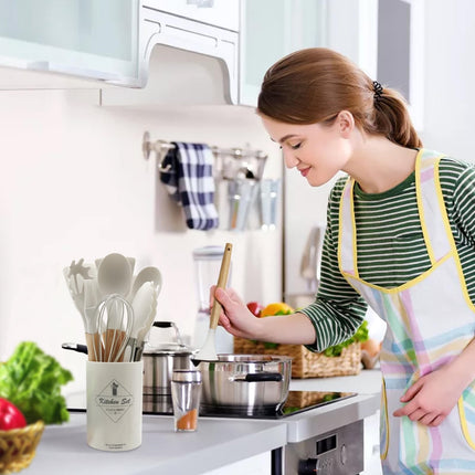 Kitchen Utensil Set - Silicone Spatula Set - Cooking Utensils with Holder - Wooden Spoons - Non-Stick - Pan Scrapers - Heat Resistant - Whisk - Serving Tongs - Baking Utensils - Kitchen Starter Kit - Scratch-Free - White - 12 Pieces.