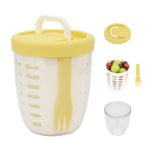 Fruit bowl to go - Lunch cup with fork - Yogurt cup - Salad cup - Storage container with colander - Snack box - School cup - Fruit pot - Take-away cup - On the road - Picnic - Kitchen accessories - Yellow - 1 piece.