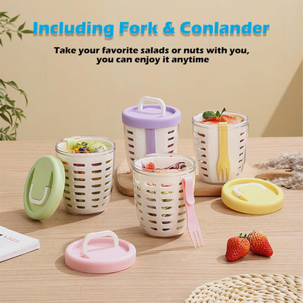 Fruit bowl to go - Lunch cup with fork - Yogurt cup - Salad cup - Storage container with colander - Snack box - School cup - Fruit pot - Take-away cup - On the road - Picnic - Kitchen accessories - Yellow - 1 piece.
