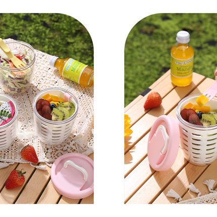 Fruit bowl to go - Lunch cup with fork - Yogurt cup - Salad cup - Storage container with colander - Snack box - School cup - Fruit pot - Take-away cup - On the road - Picnic - Kitchen accessories - Yellow - 1 piece.