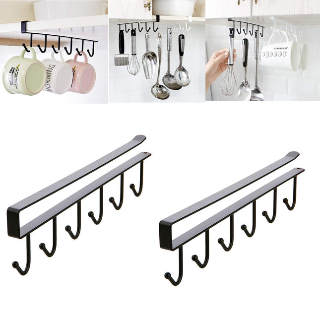 Mug Holder - Hanging Kitchen Rack - Kitchen Organizer - No Drilling Required - Utensil Holder - Cupboard Organizer - Cup Holder - Spatula Holder - Storage Rack - Wardrobe Accessories - Space Saving - Black - 2 Pieces.