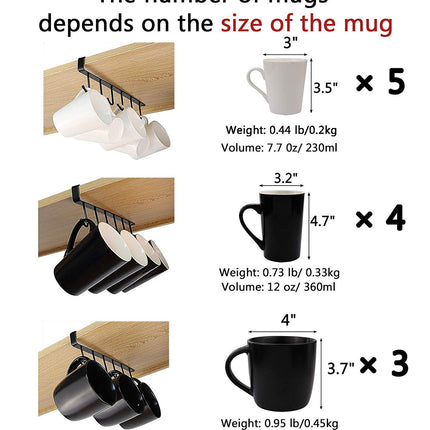 Mug Holder - Hanging Kitchen Rack - Kitchen Organizer - No Drilling Required - Utensil Holder - Cupboard Organizer - Cup Holder - Spatula Holder - Storage Rack - Wardrobe Accessories - Space Saving - Black - 2 Pieces.