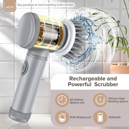Electric Cleaning Brush - Spin Scrubber - Cordless Scrubbing Brush - Bathroom Cleaner - Power Scrubber - Tile Brush - Grout Brush - Kitchen Cleaning Tools - USB Rechargeable - Polishing Machine - With 5 Attachments - White - 1 Set.