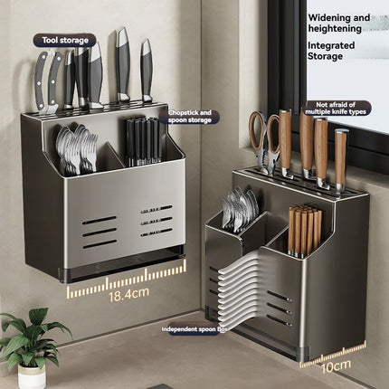 Knife Block Without Drilling - Cutlery Holder - Kitchen Organizer Countertop - Universal Knife Holder - Kitchen Utensil Holder - Spoon Holder - Wall Rack Kitchen - Cutlery Drainer - Cutlery Tray - Standing or Hanging - Storage System - Dark Gray - 1 Piece.