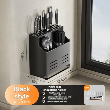 Knife Block Without Drilling - Cutlery Holder - Kitchen Organizer Countertop - Universal Knife Holder - Kitchen Utensil Holder - Spoon Holder - Wall Rack Kitchen - Cutlery Drainer - Cutlery Tray - Standing or Hanging - Storage System - Dark Gray - 1 Piece.