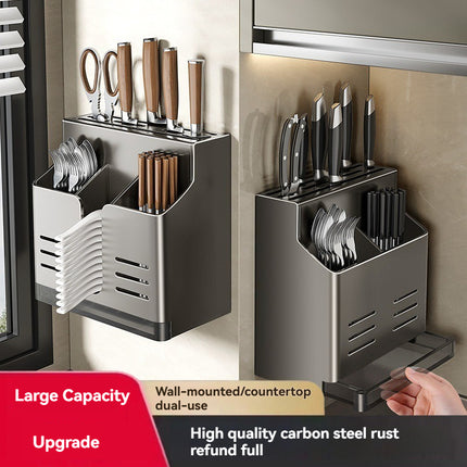 Knife Block Without Drilling - Cutlery Holder - Kitchen Organizer Countertop - Universal Knife Holder - Kitchen Utensil Holder - Spoon Holder - Wall Rack Kitchen - Cutlery Drainer - Cutlery Tray - Standing or Hanging - Storage System - Dark Gray - 1 Piece.