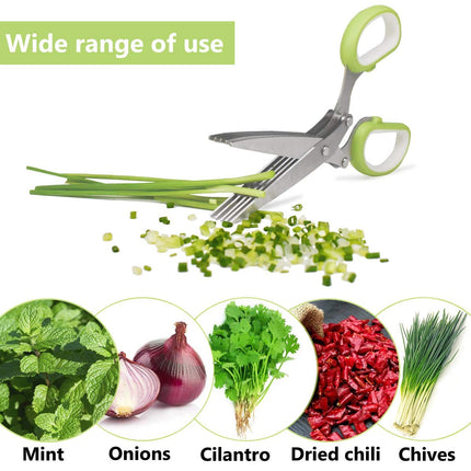 Herb Scissors Stainless Steel - Kitchen Scissors with 5 Blades - Vegetable Scissors - Chive Scissors - Herb Cutter - Kitchen Gadget - With Cleaning Comb and Protective Cover - Shredder - Kitchen Utensils - Parsley Cutter - Dishwasher Safe - Green - 1 Piec.