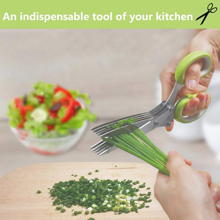 Herb Scissors Stainless Steel - Kitchen Scissors with 5 Blades - Vegetable Scissors - Chive Scissors - Herb Cutter - Kitchen Gadget - With Cleaning Comb and Protective Cover - Shredder - Kitchen Utensils - Parsley Cutter - Dishwasher Safe - Green - 1 Piec.