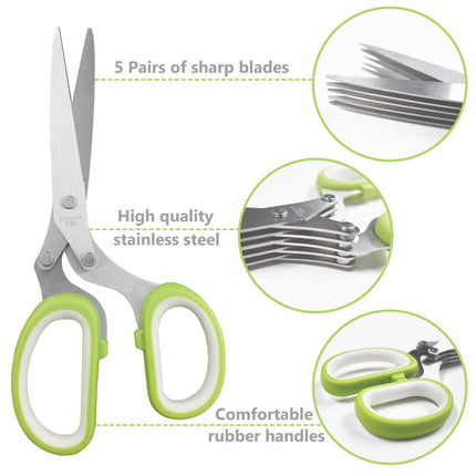 Herb Scissors Stainless Steel - Kitchen Scissors with 5 Blades - Vegetable Scissors - Chive Scissors - Herb Cutter - Kitchen Gadget - With Cleaning Comb and Protective Cover - Shredder - Kitchen Utensils - Parsley Cutter - Dishwasher Safe - Green - 1 Piec.
