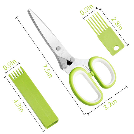 Herb Scissors Stainless Steel - Kitchen Scissors with 5 Blades - Vegetable Scissors - Chive Scissors - Herb Cutter - Kitchen Gadget - With Cleaning Comb and Protective Cover - Shredder - Kitchen Utensils - Parsley Cutter - Dishwasher Safe - Green - 1 Piec.