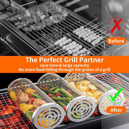 BBQ Grill Basket - Rotating Barbecue Basket - Stainless Steel Vegetable Basket - Fish Rack - Grill Basket - Barbecue Accessories - Cylinder Basket - BBQ Tool - With Oil Sprayer and Forks - Heat Resistant - Dishwasher Safe - Camping Cooking - Silver - 2 Pi.