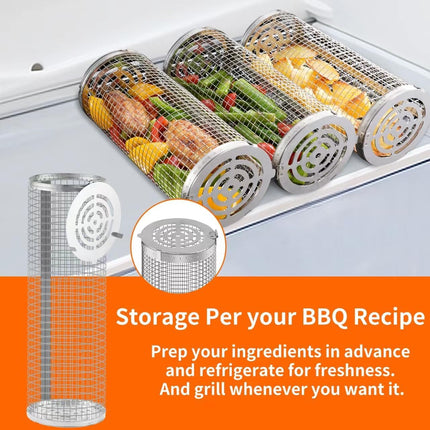 BBQ Grill Basket - Rotating Barbecue Basket - Stainless Steel Vegetable Basket - Fish Rack - Grill Basket - Barbecue Accessories - Cylinder Basket - BBQ Tool - With Oil Sprayer and Forks - Heat Resistant - Dishwasher Safe - Camping Cooking - Silver - 2 Pi.