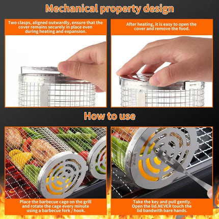 BBQ Grill Basket - Rotating Barbecue Basket - Stainless Steel Vegetable Basket - Fish Rack - Grill Basket - Barbecue Accessories - Cylinder Basket - BBQ Tool - With Oil Sprayer and Forks - Heat Resistant - Dishwasher Safe - Camping Cooking - Silver - 2 Pi.