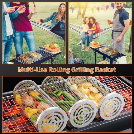 BBQ Grill Basket - Rotating Barbecue Basket - Stainless Steel Vegetable Basket - Fish Rack - Grill Basket - Barbecue Accessories - Cylinder Basket - BBQ Tool - With Oil Sprayer and Forks - Heat Resistant - Dishwasher Safe - Camping Cooking - Silver - 2 Pi.