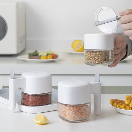 Glass Herb Jar - Spice Jar - Sugar Bowl - Salt Shaker - Storage Jar - Kitchen Organizer - Airtight - Moisture Proof - Spice Storage - Pepper Shaker - Seasoning Holder - With Handle - Refillable - Countertop Accessories - White - 1 Piece.