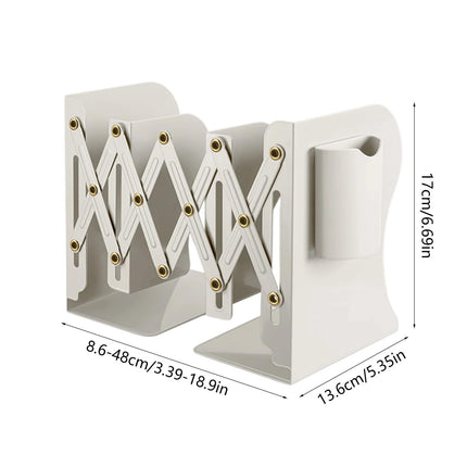 Bookend - Desk Organizer - Book Rack - Book Stand - Book Holder - Office - School Supplies - Magazine Rack - Desk Accessories - Metal Bookends - Office Supplies - Extendable - White - 1 Piece.