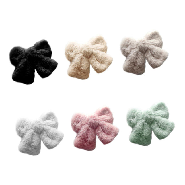 Hair Clip - Hairpin - Hair Bow - Large Bow - Hair Accessories Girls - Hair Accessories Women - Plush - Fluffy - Winter Accessories - Gift For Women - Clip - Soft - Black Beige Gray White Pink And Green - 6 Pieces.