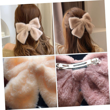 Hair Clip - Hairpin - Hair Bow - Large Bow - Hair Accessories Girls - Hair Accessories Women - Plush - Fluffy - Winter Accessories - Gift For Women - Clip - Soft - Black Beige Gray White Pink And Green - 6 Pieces.
