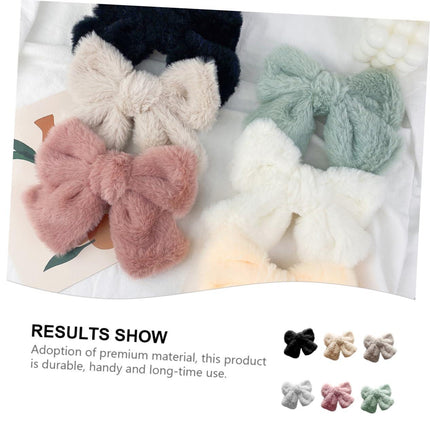 Hair Clip - Hairpin - Hair Bow - Large Bow - Hair Accessories Girls - Hair Accessories Women - Plush - Fluffy - Winter Accessories - Gift For Women - Clip - Soft - Black Beige Gray White Pink And Green - 6 Pieces.