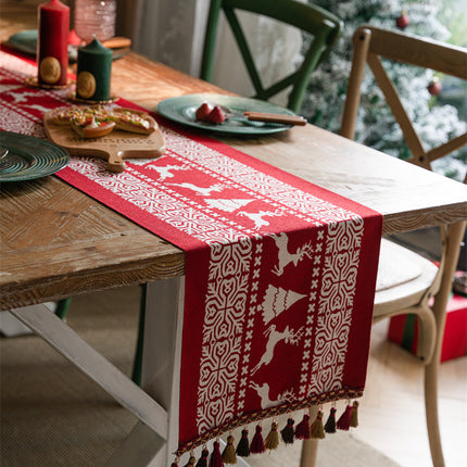 Christmas Table Runner - Christmas Tablecloth - Christmas Table Decoration - Christmas Decoration - Table Decoration - Reindeer - Christmas Tree - Snowflake - Holidays - Luxury Dinner - Winter - 35 x 180 cm - Red White - 1 Piece.