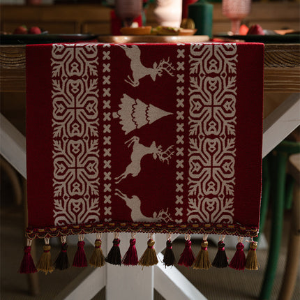 Christmas Table Runner - Christmas Tablecloth - Christmas Table Decoration - Christmas Decoration - Table Decoration - Reindeer - Christmas Tree - Snowflake - Holidays - Luxury Dinner - Winter - 35 x 180 cm - Red White - 1 Piece.