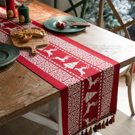 Christmas Table Runner - Christmas Tablecloth - Christmas Table Decoration - Christmas Decoration - Table Decoration - Reindeer - Christmas Tree - Snowflake - Holidays - Luxury Dinner - Winter - 35 x 180 cm - Red White - 1 Piece.