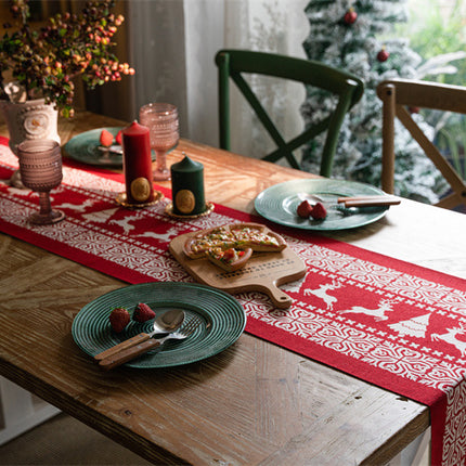 Christmas Table Runner - Christmas Tablecloth - Christmas Table Decoration - Christmas Decoration - Table Decoration - Reindeer - Christmas Tree - Snowflake - Holidays - Luxury Dinner - Winter - 35 x 180 cm - Red White - 1 Piece.