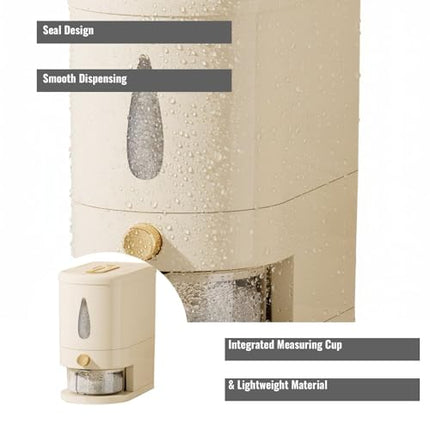 Rice container - Organizer - Storage box - Rice bin - Rice storage - Grain storage - Storage cabinet - Rice organizer - Kitchen dispenser - With measuring cup - White - 1 piece.