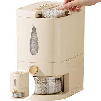 Rice container - Organizer - Storage box - Rice bin - Rice storage - Grain storage - Storage cabinet - Rice organizer - Kitchen dispenser - With measuring cup - White - 1 piece.