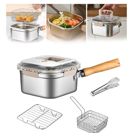Induction Saucepan - Mini Deep Fryer - Milk Pan - Square Cooking Pot - Stainless Steel - With Frying Basket - Steaming Rack - Tongs - Glass Lid - Wooden Handle - Ramen Pan - Soup Pot - Camping Pan - 4 in 1 - Kitchen Utensils - Compact - Silver - White - 1.