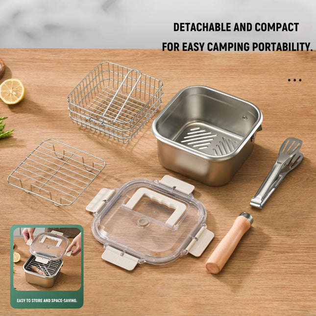 Induction Saucepan - Mini Deep Fryer - Milk Pan - Square Cooking Pot - Stainless Steel - With Frying Basket - Steaming Rack - Tongs - Glass Lid - Wooden Handle - Ramen Pan - Soup Pot - Camping Pan - 4 in 1 - Kitchen Utensils - Compact - Silver - White - 1.