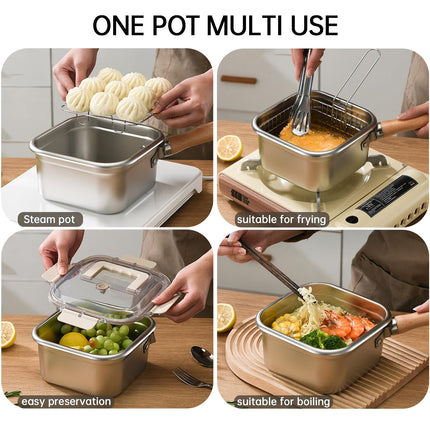 Induction Saucepan - Mini Deep Fryer - Milk Pan - Square Cooking Pot - Stainless Steel - With Frying Basket - Steaming Rack - Tongs - Glass Lid - Wooden Handle - Ramen Pan - Soup Pot - Camping Pan - 4 in 1 - Kitchen Utensils - Compact - Silver - White - 1.