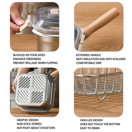 Induction Saucepan - Mini Deep Fryer - Milk Pan - Square Cooking Pot - Stainless Steel - With Frying Basket - Steaming Rack - Tongs - Glass Lid - Wooden Handle - Ramen Pan - Soup Pot - Camping Pan - 4 in 1 - Kitchen Utensils - Compact - Silver - White - 1.