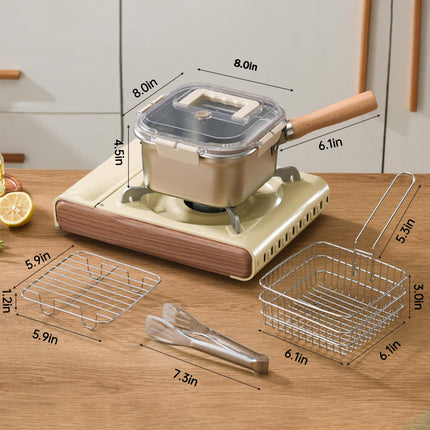 Induction Saucepan - Mini Deep Fryer - Milk Pan - Square Cooking Pot - Stainless Steel - With Frying Basket - Steaming Rack - Tongs - Glass Lid - Wooden Handle - Ramen Pan - Soup Pot - Camping Pan - 4 in 1 - Kitchen Utensils - Compact - Silver - White - 1.