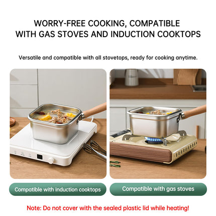 Induction Saucepan - Mini Deep Fryer - Milk Pan - Square Cooking Pot - Stainless Steel - With Frying Basket - Steaming Rack - Tongs - Glass Lid - Wooden Handle - Ramen Pan - Soup Pot - Camping Pan - 4 in 1 - Kitchen Utensils - Compact - Silver - White - 1.