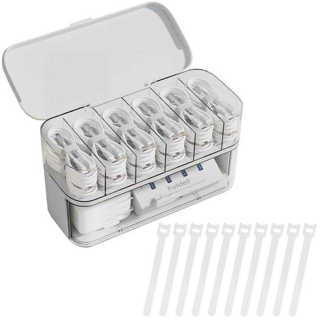 Cable organizer - Charger organizer - Cable box - Desk organizer - Storage box with compartments - Office supplies - Cable management - Electronic accessories - Including 10 pcs Cable ties - Sorting box - Storage tray - White - 1 piece.