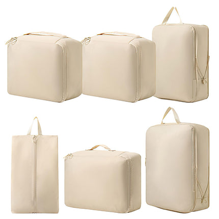 Packing Cubes - Suitcase Organizers - Travel Organizer Set - Luggage Organizer - Clothes Storage - Space Saving - Holiday Accessories - Shoe Bag - Laundry Bag - Backpacking - Travel Bag - Water-Repellent - Beige - 6 Pieces.