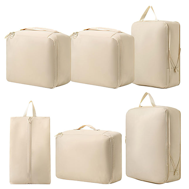Packing Cubes - Suitcase Organizers - Travel Organizer Set - Luggage Organizer - Clothes Storage - Space Saving - Holiday Accessories - Shoe Bag - Laundry Bag - Backpacking - Travel Bag - Water-Repellent - Beige - 6 Pieces.