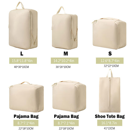 Packing Cubes - Suitcase Organizers - Travel Organizer Set - Luggage Organizer - Clothes Storage - Space Saving - Holiday Accessories - Shoe Bag - Laundry Bag - Backpacking - Travel Bag - Water-Repellent - Beige - 6 Pieces.
