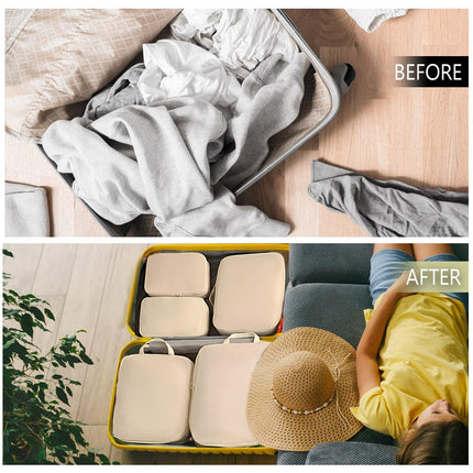Packing Cubes - Suitcase Organizers - Travel Organizer Set - Luggage Organizer - Clothes Storage - Space Saving - Holiday Accessories - Shoe Bag - Laundry Bag - Backpacking - Travel Bag - Water-Repellent - Beige - 6 Pieces.