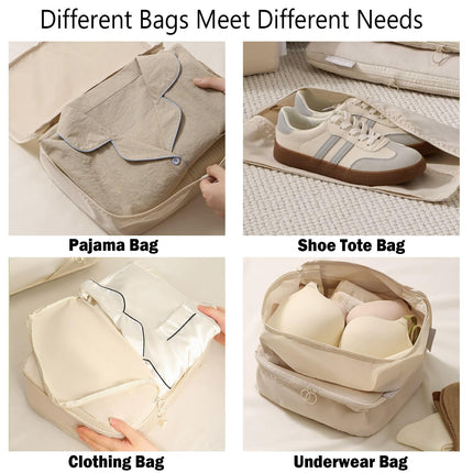 Packing Cubes - Suitcase Organizers - Travel Organizer Set - Luggage Organizer - Clothes Storage - Space Saving - Holiday Accessories - Shoe Bag - Laundry Bag - Backpacking - Travel Bag - Water-Repellent - Beige - 6 Pieces.