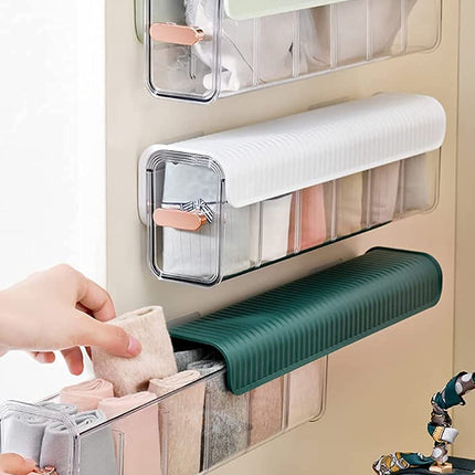 Underwear organizer - Sock organizer - Wardrobe organizer - Wall mounted - No drilling - Storage box with 6 compartments - Lingerie storage - Self-adhesive - Cable organizer - Transparent - Storage system - Space saving - White - 1 piece.