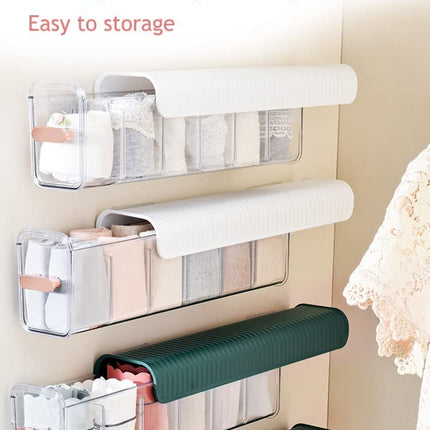 Underwear organizer - Sock organizer - Wardrobe organizer - Wall mounted - No drilling - Storage box with 6 compartments - Lingerie storage - Self-adhesive - Cable organizer - Transparent - Storage system - Space saving - White - 1 piece.