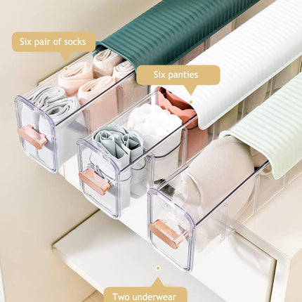 Underwear organizer - Sock organizer - Wardrobe organizer - Wall mounted - No drilling - Storage box with 6 compartments - Lingerie storage - Self-adhesive - Cable organizer - Transparent - Storage system - Space saving - White - 1 piece.