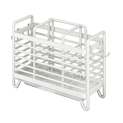 Cutlery Holder - Kitchen Organizer - Cutlery Tray - Countertop Organizer - Utensil Holder - Cutlery Rack - Cutlery Drainer - Spoon Holder - Drying Rack - Kitchen Accessories - With Drip Tray and Hooks - Metal - White - 1 Piece.