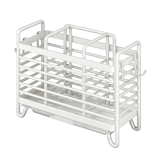 Cutlery Holder - Kitchen Organizer - Cutlery Tray - Countertop Organizer - Utensil Holder - Cutlery Rack - Cutlery Drainer - Spoon Holder - Drying Rack - Kitchen Accessories - With Drip Tray and Hooks - Metal - White - 1 Piece.