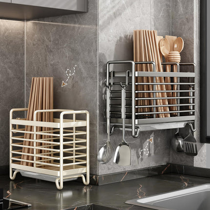 Cutlery Holder - Kitchen Organizer - Cutlery Tray - Countertop Organizer - Utensil Holder - Cutlery Rack - Cutlery Drainer - Spoon Holder - Drying Rack - Kitchen Accessories - With Drip Tray and Hooks - Metal - White - 1 Piece.