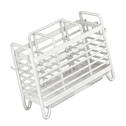 Cutlery Holder - Kitchen Organizer - Cutlery Tray - Countertop Organizer - Utensil Holder - Cutlery Rack - Cutlery Drainer - Spoon Holder - Drying Rack - Kitchen Accessories - With Drip Tray and Hooks - Metal - White - 1 Piece.