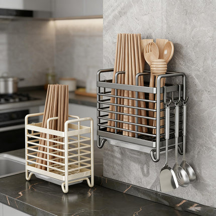 Cutlery Holder - Kitchen Organizer - Cutlery Tray - Countertop Organizer - Utensil Holder - Cutlery Rack - Cutlery Drainer - Spoon Holder - Drying Rack - Kitchen Accessories - With Drip Tray and Hooks - Metal - White - 1 Piece.
